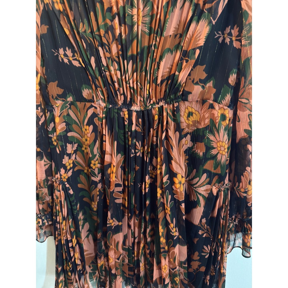Coach 1941 Flowy Floral Pleated Dress w Tie Front Sz 4 Black Gold Metallic Boho - Picture 7 of 12